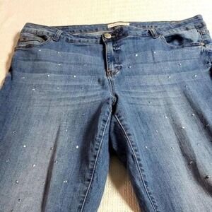 Eloquii Denim Blue Rhinestone Embellished Raw Hem Tapered Jeans Womens Plus Size